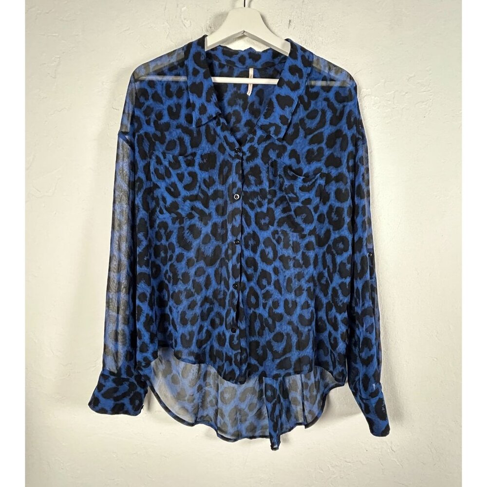 Free People Womens Blue & Black Leopard Print Sheer Button-Up Blouse Medium NWOT